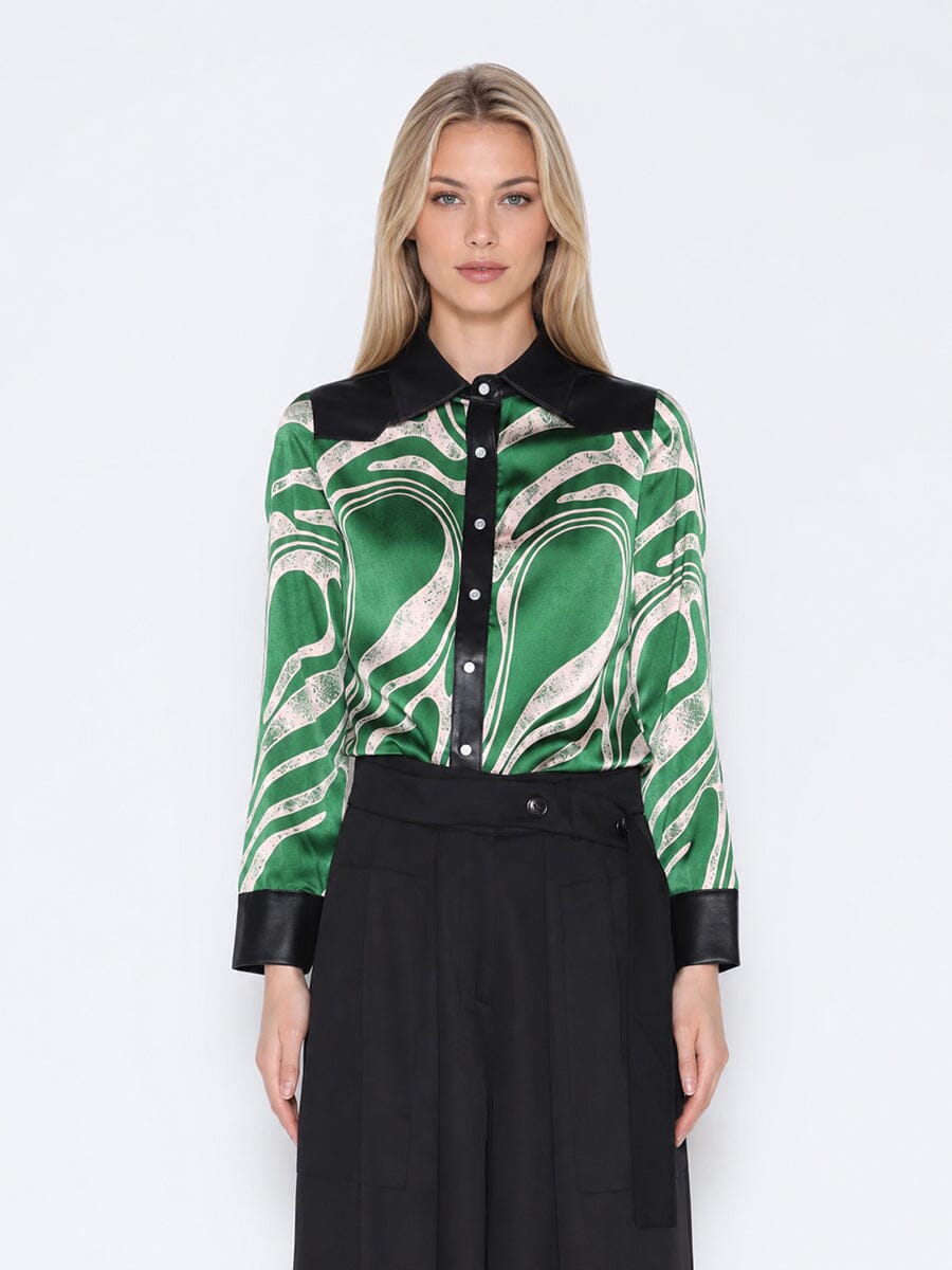 Print & Pleather Spliced Button-Down Shirt Top