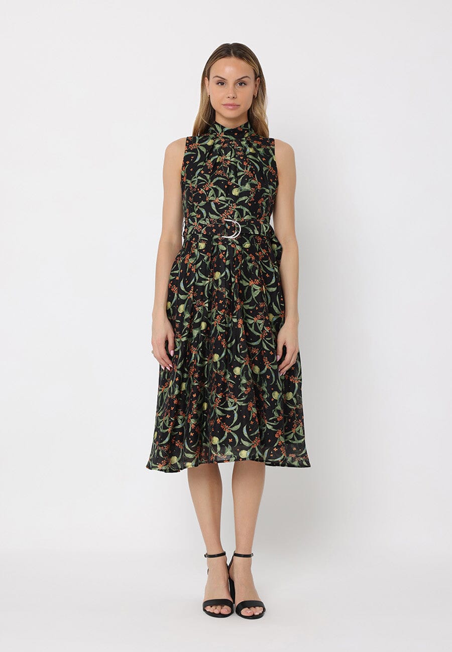 Printed sleeveless waist band dress