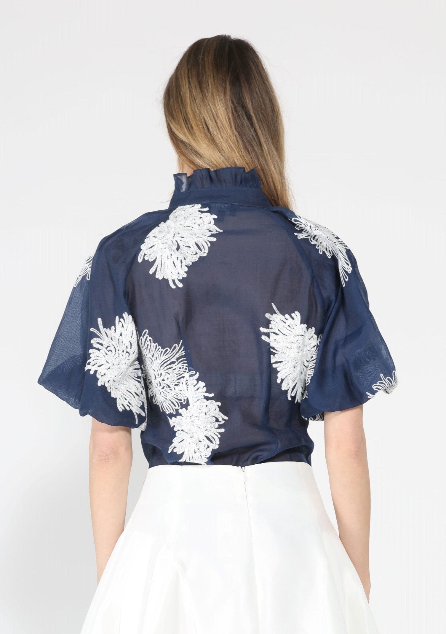 Puff sleeve embroidered organza top