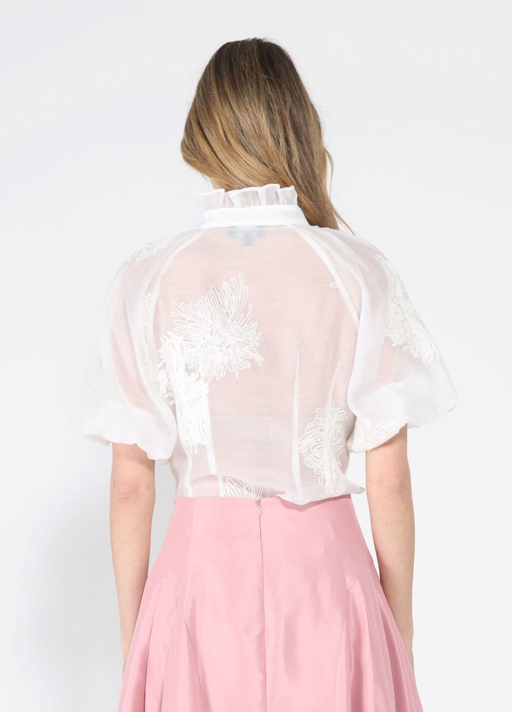 Puff sleeve embroidered organza top