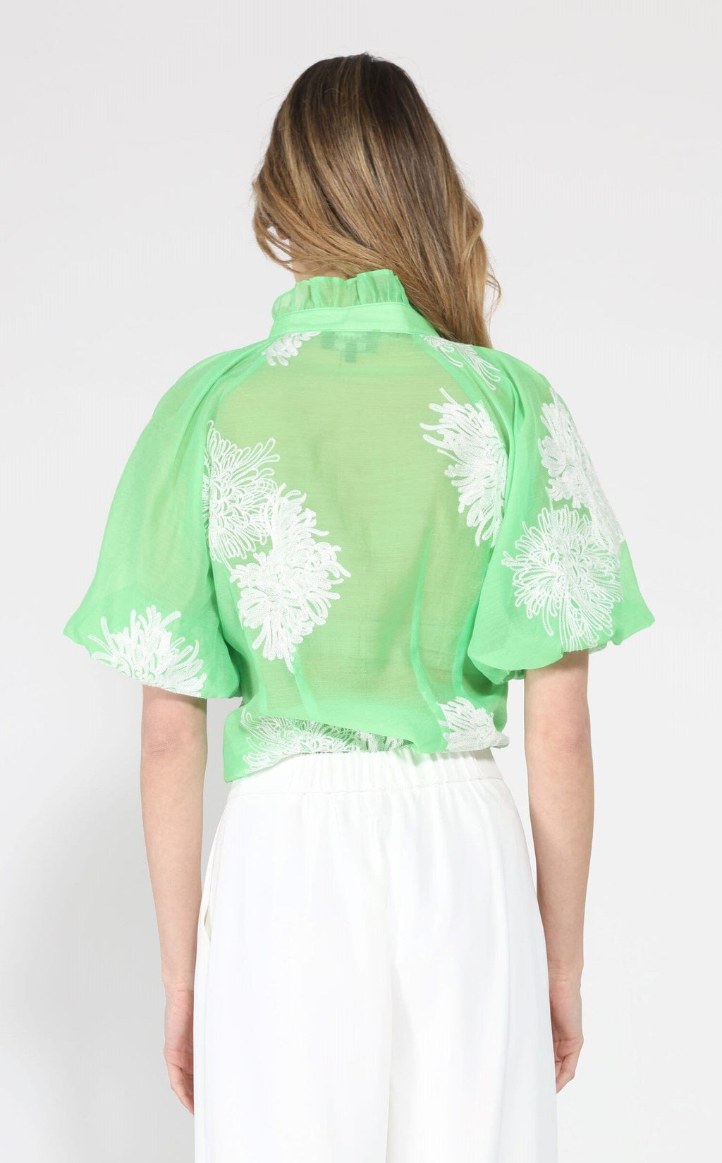 Puff sleeve embroidered organza top