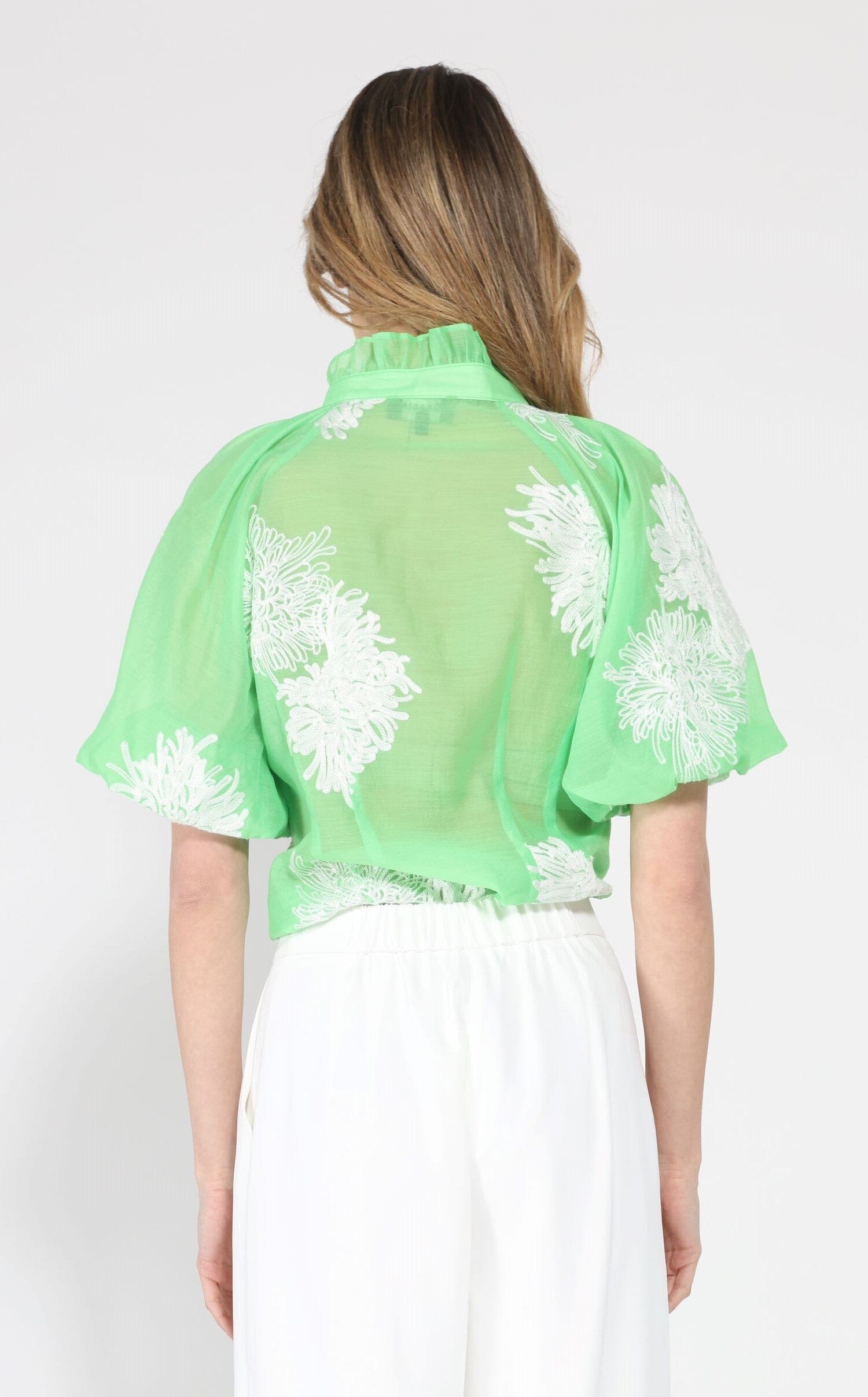 Puff sleeve embroidered organza top
