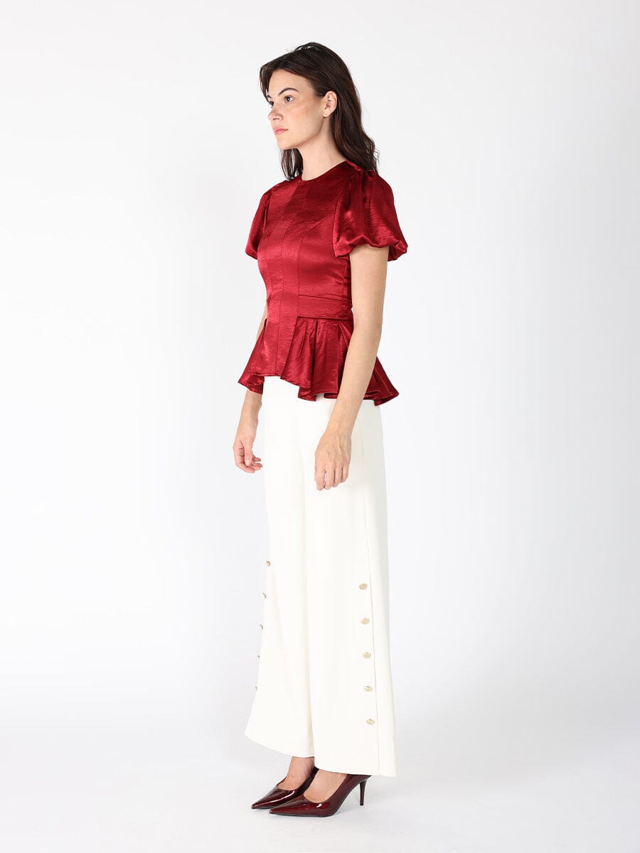 Puffed Sleeve Ruffle Bottom Crew Neck Top