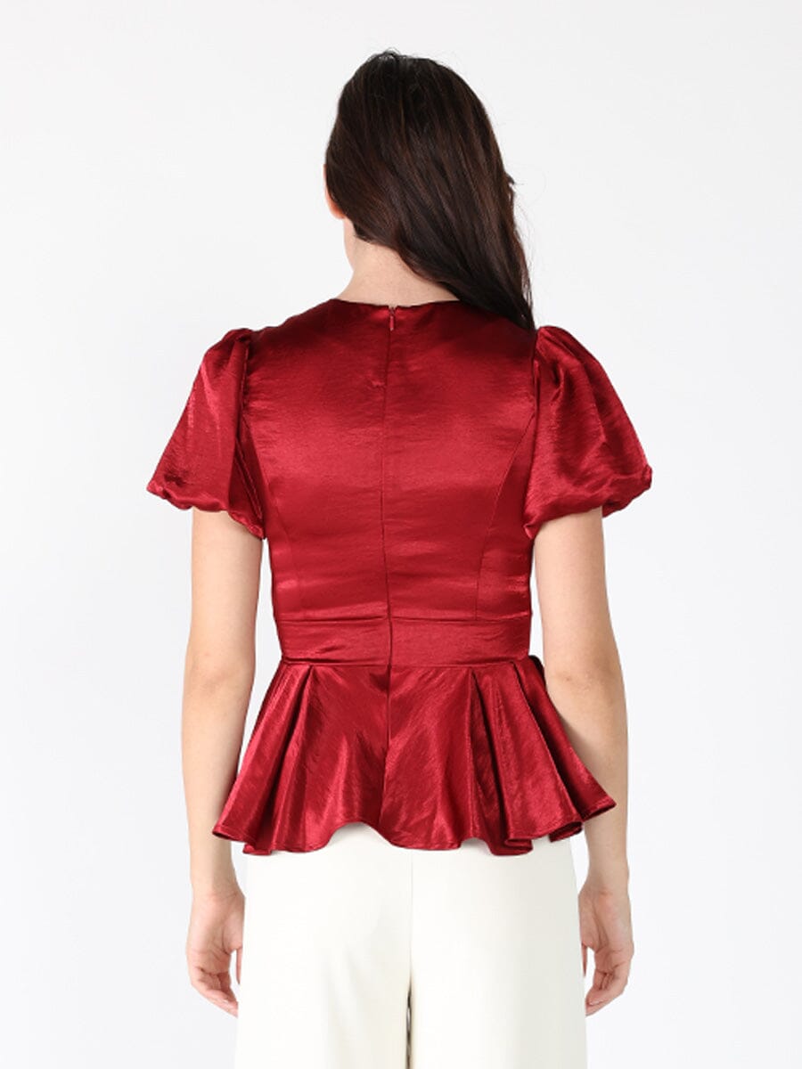 Puffed Sleeve Ruffle Bottom Crew Neck Top