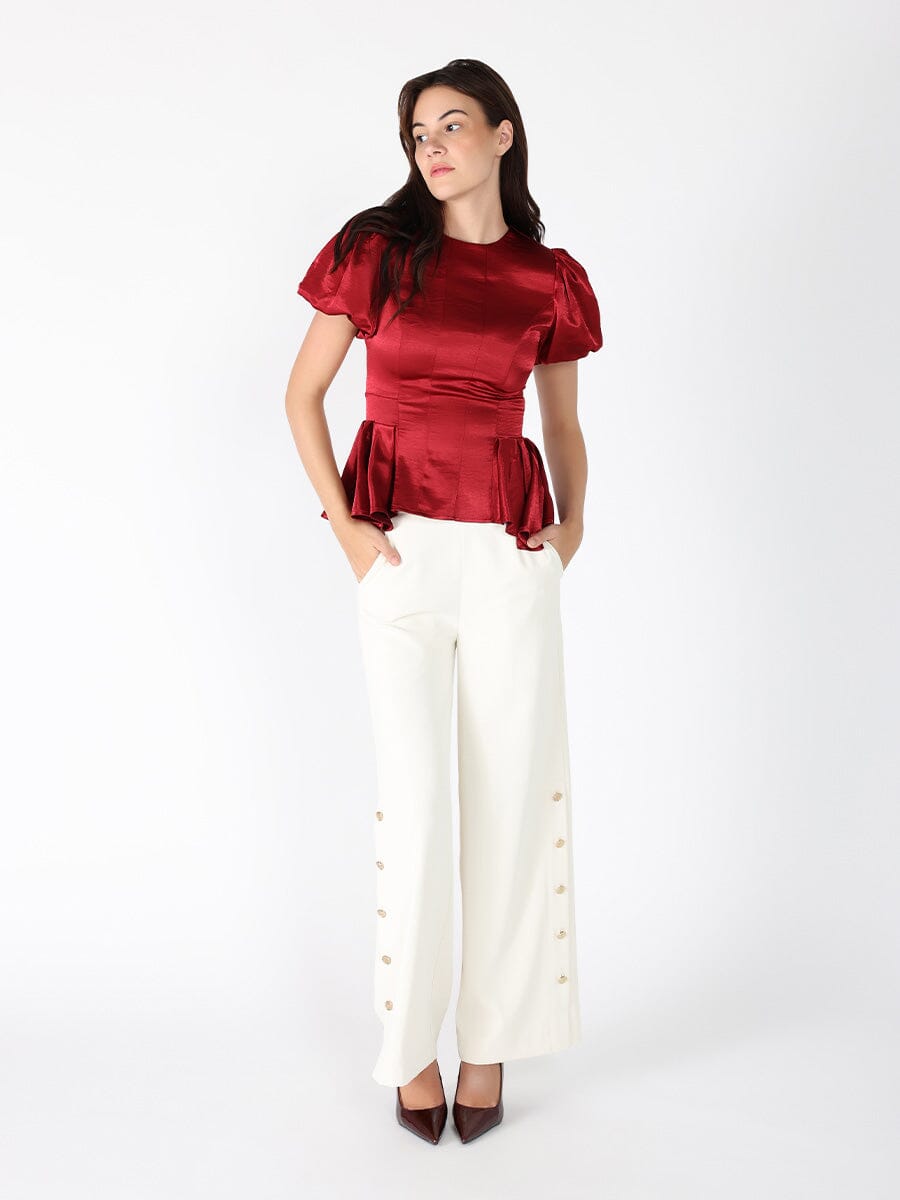 Puffed Sleeve Ruffle Bottom Crew Neck Top