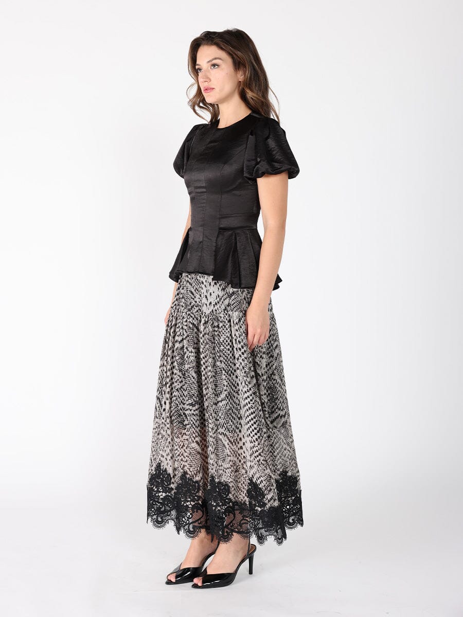 Puffed Sleeve Ruffle Bottom Crew Neck Top