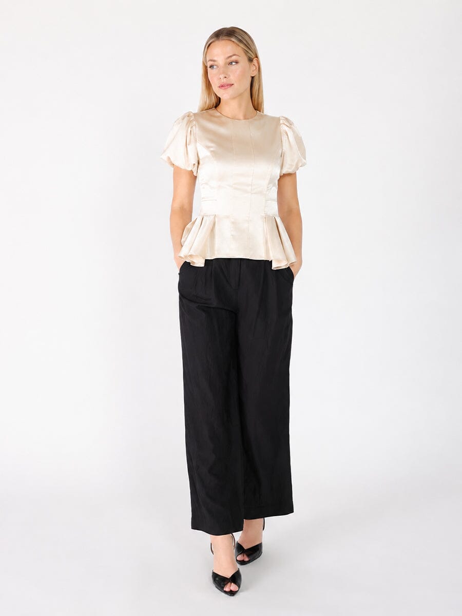 Puffed Sleeve Ruffle Bottom Crew Neck Top