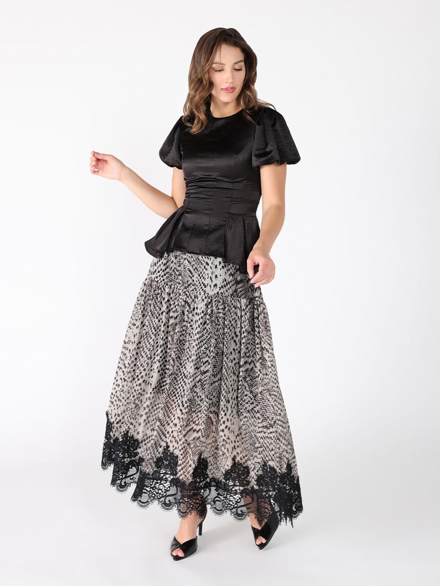 Puffed Sleeve Ruffle Bottom Crew Neck Top