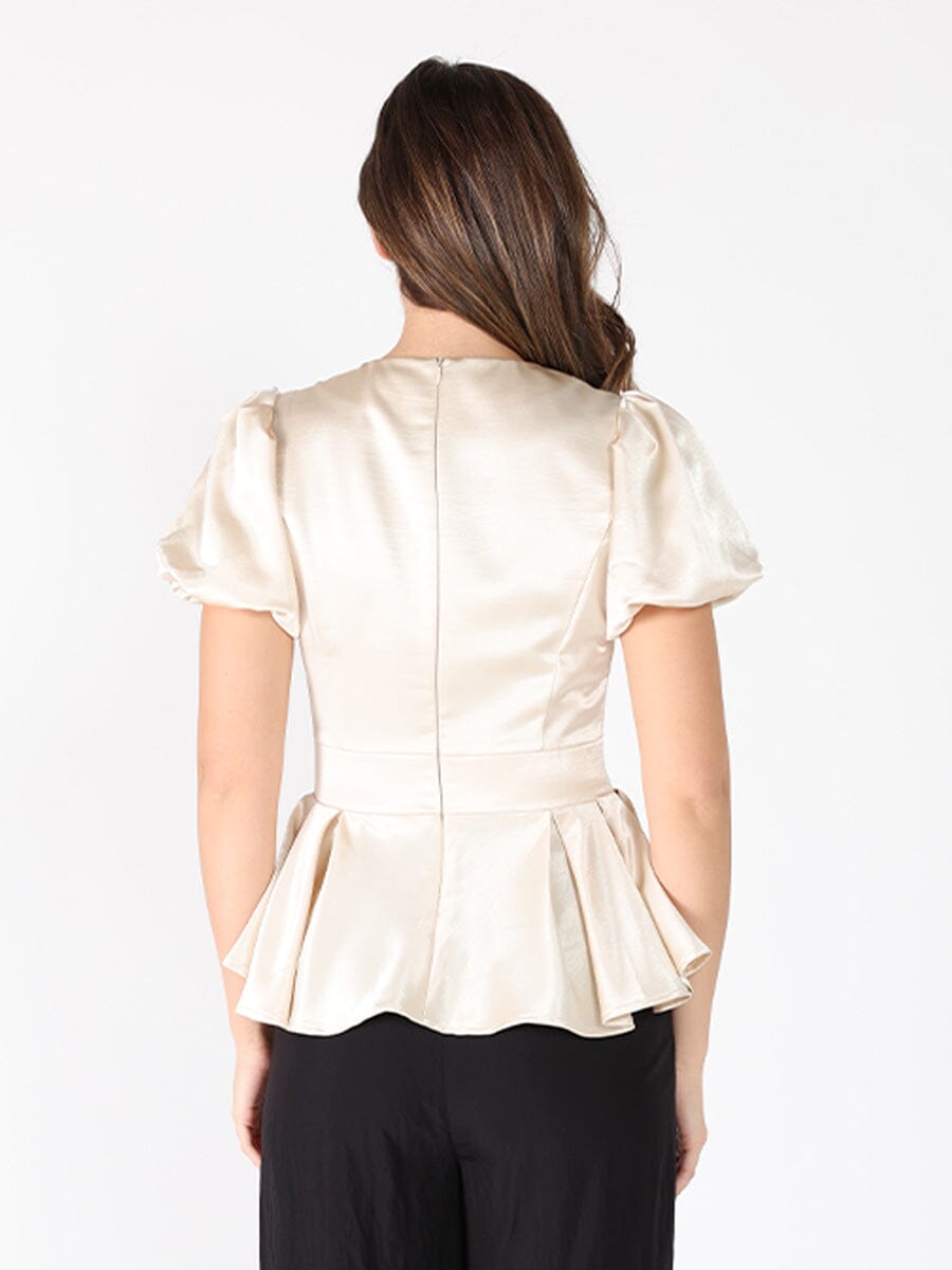 Puffed Sleeve Ruffle Bottom Crew Neck Top