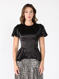 Puffed Sleeve Ruffle Bottom Crew Neck Top