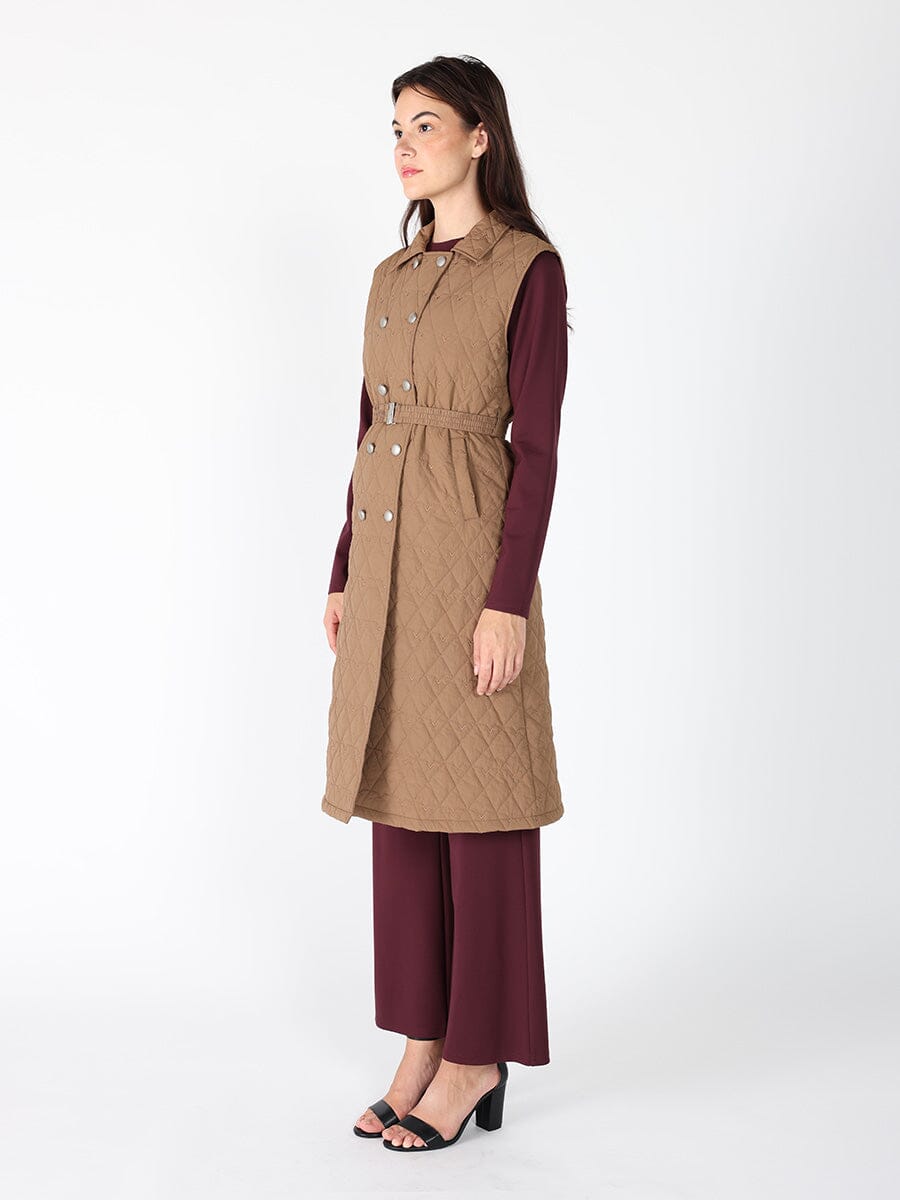 Quilted Sleeveless Belted Long Jacket