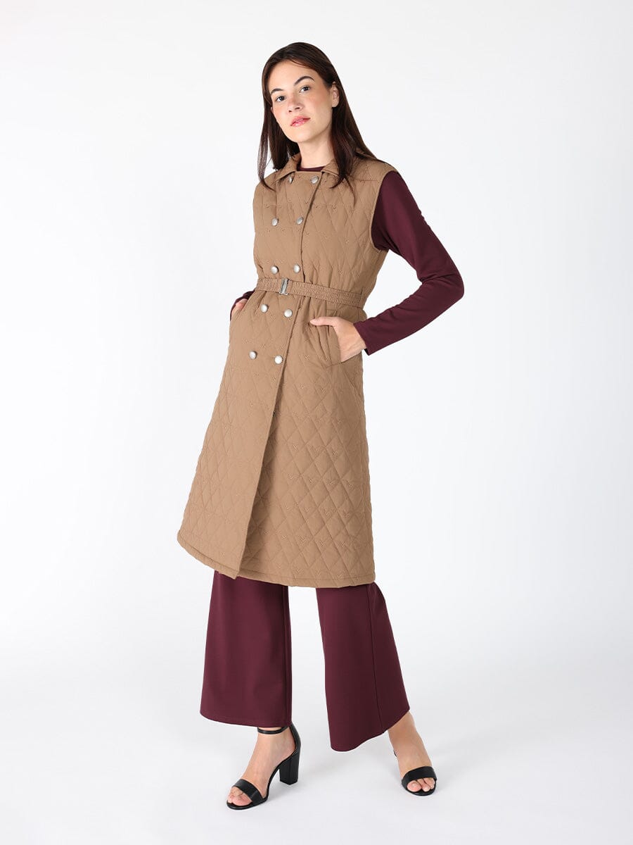 Quilted Sleeveless Belted Long Jacket