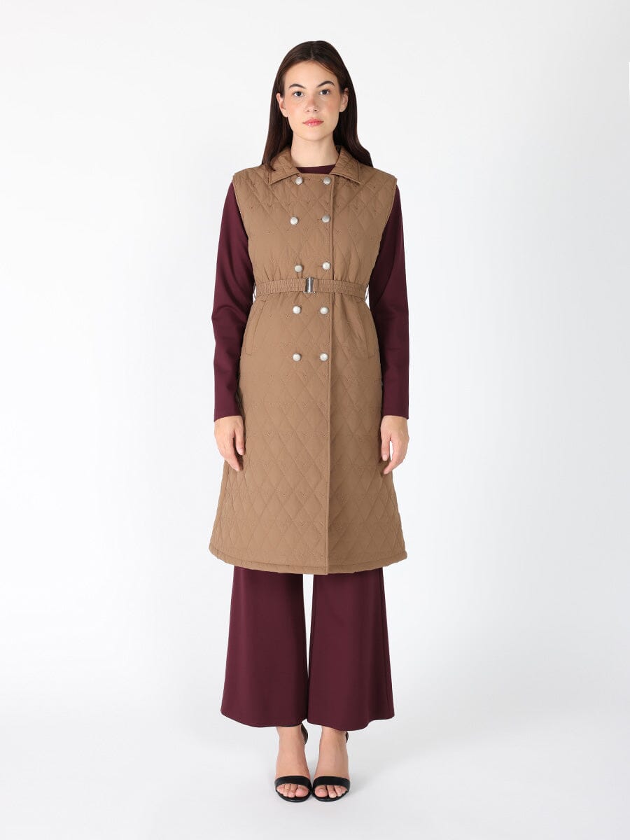 Quilted Sleeveless Belted Long Jacket