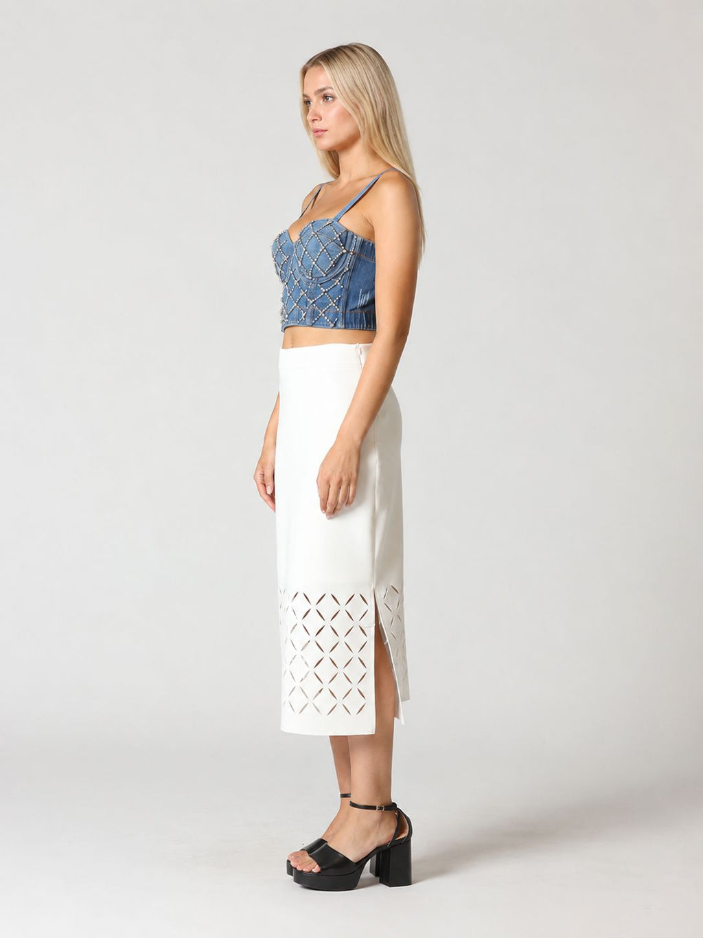 Rhinestone Embellished Denim Bustier Top