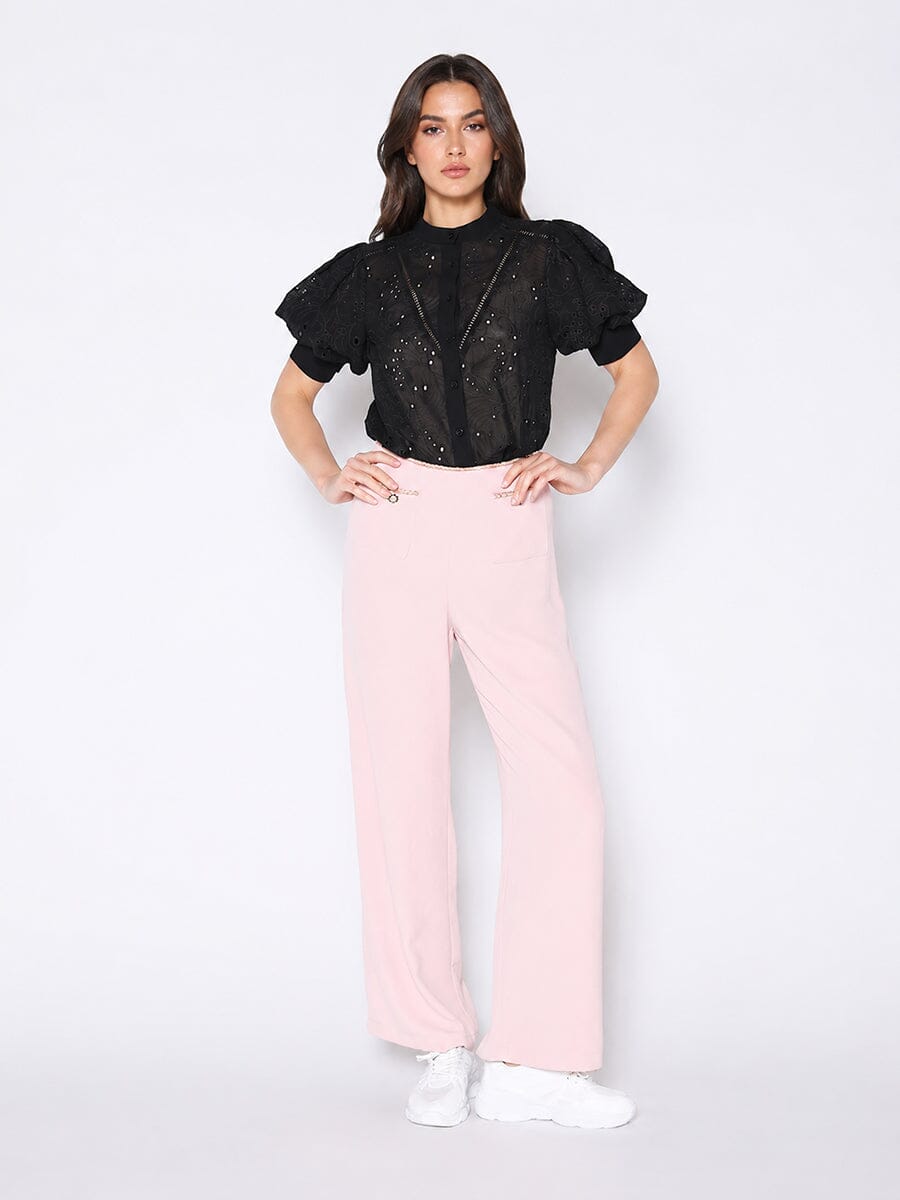 Round-Neck Puff Sleeve Eyelet Top