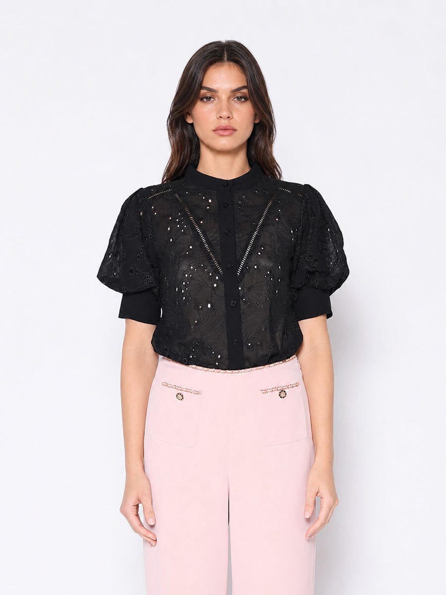 Round-Neck Puff Sleeve Eyelet Top