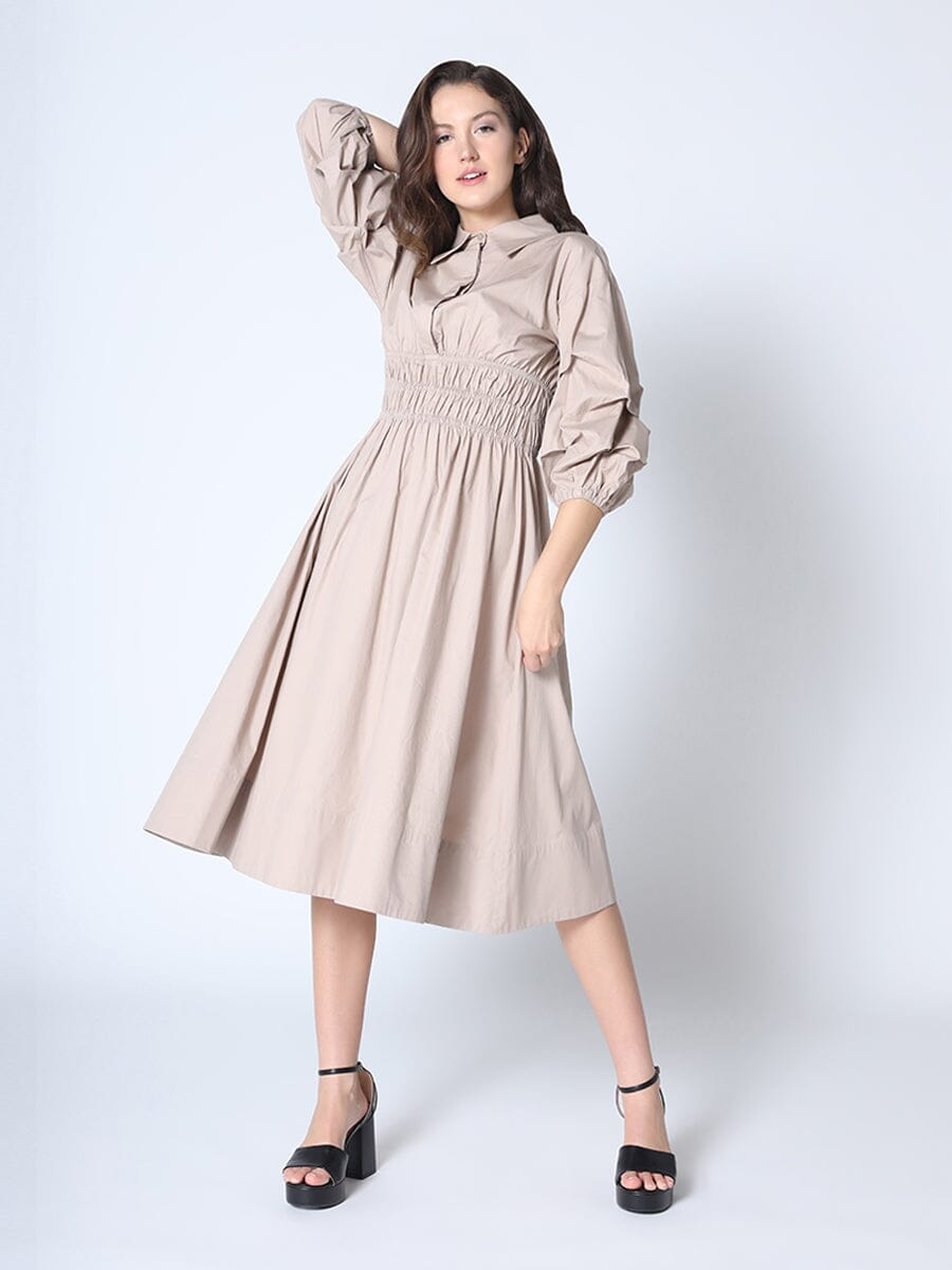 Ruched Puff Sleeve & Waist A Line Midi Dress