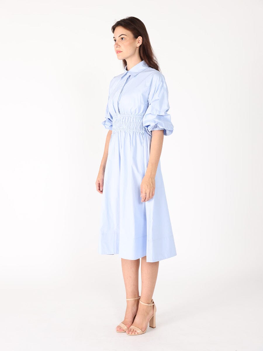 Ruched Puff Sleeve & Waist A Line Midi Dress