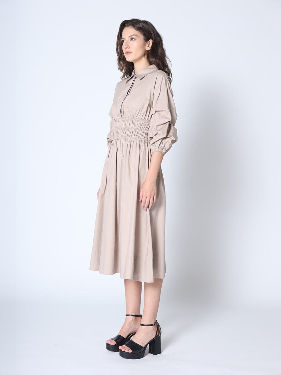 Ruched Puff Sleeve & Waist A Line Midi Dress