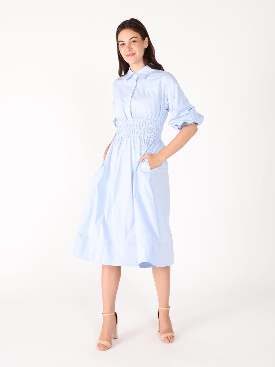 Ruched Puff Sleeve & Waist A Line Midi Dress
