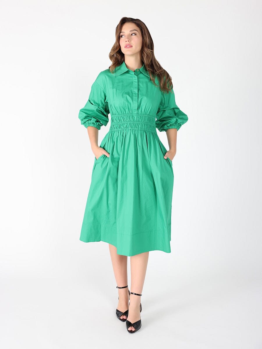 Ruched Puff Sleeve & Waist A Line Midi Dress