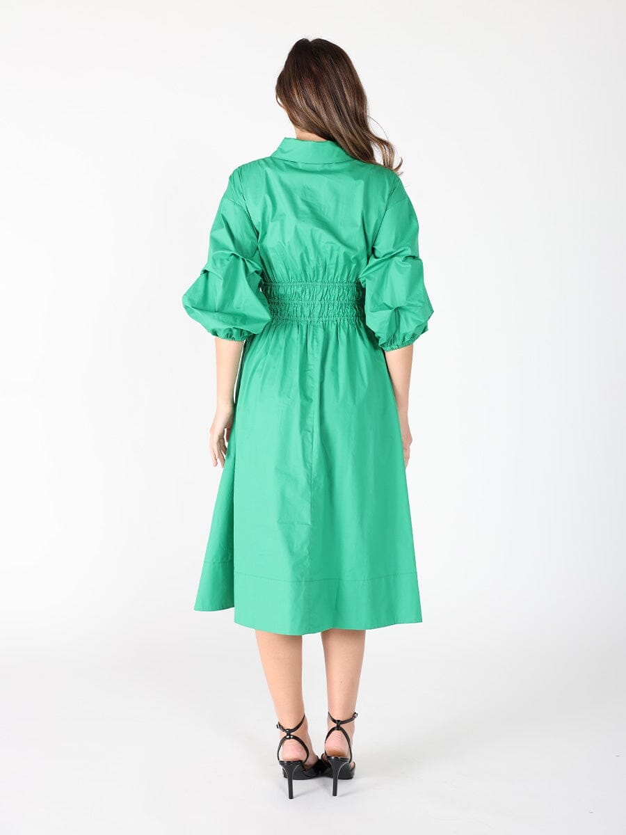 Ruched Puff Sleeve & Waist A Line Midi Dress