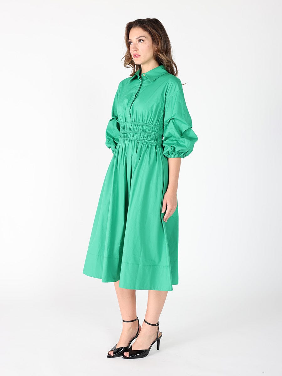 Ruched Puff Sleeve & Waist A Line Midi Dress