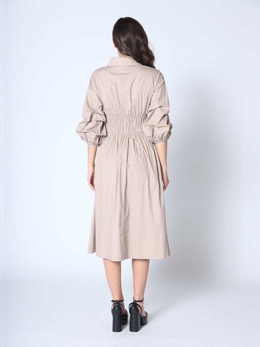 Ruched Puff Sleeve & Waist A Line Midi Dress