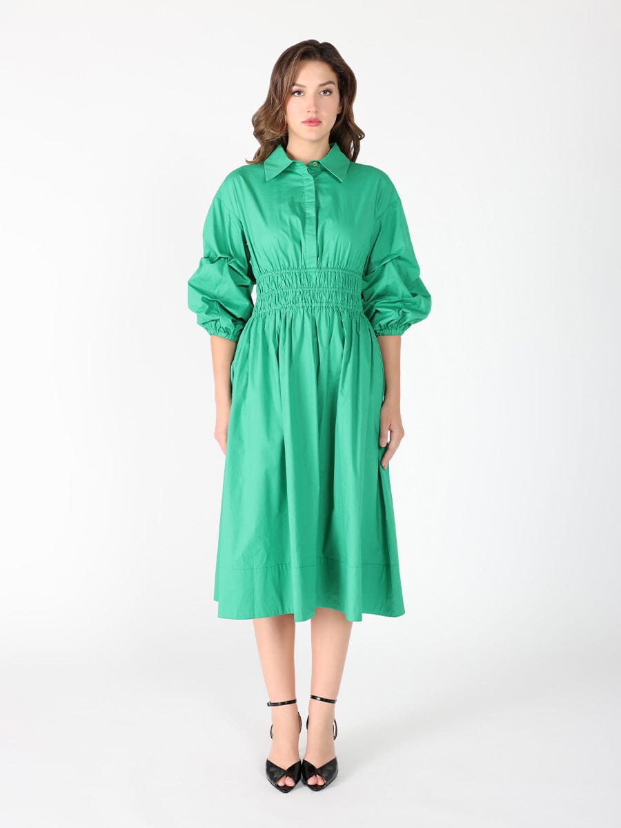 Ruched Puff Sleeve & Waist A Line Midi Dress