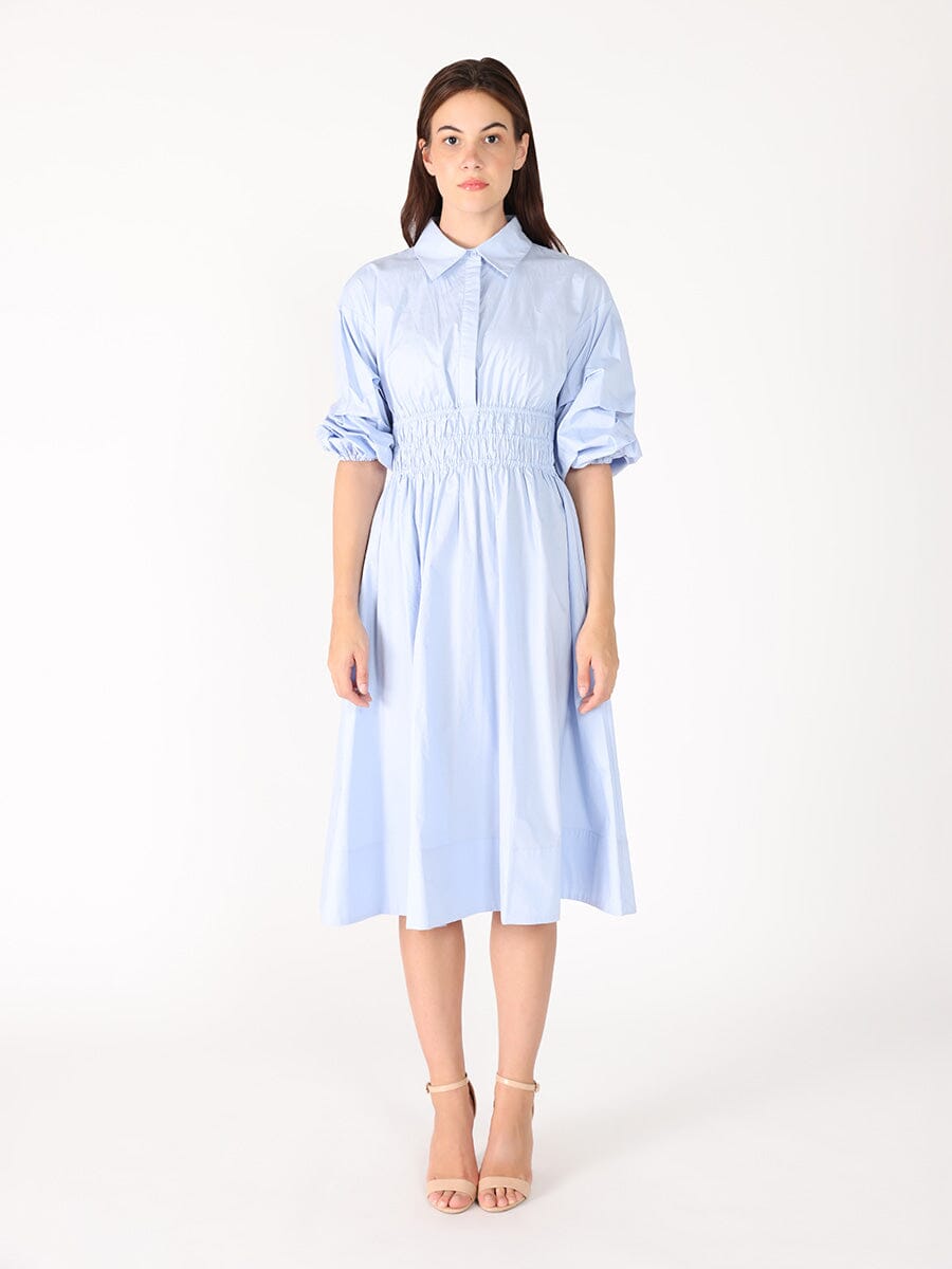 Ruched Puff Sleeve & Waist A Line Midi Dress