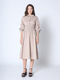 Ruched Puff Sleeve & Waist A Line Midi Dress