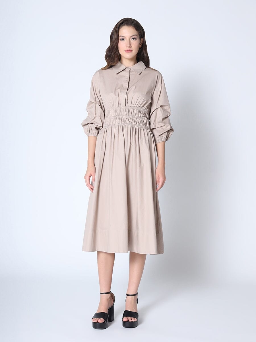 Ruched Puff Sleeve & Waist A Line Midi Dress