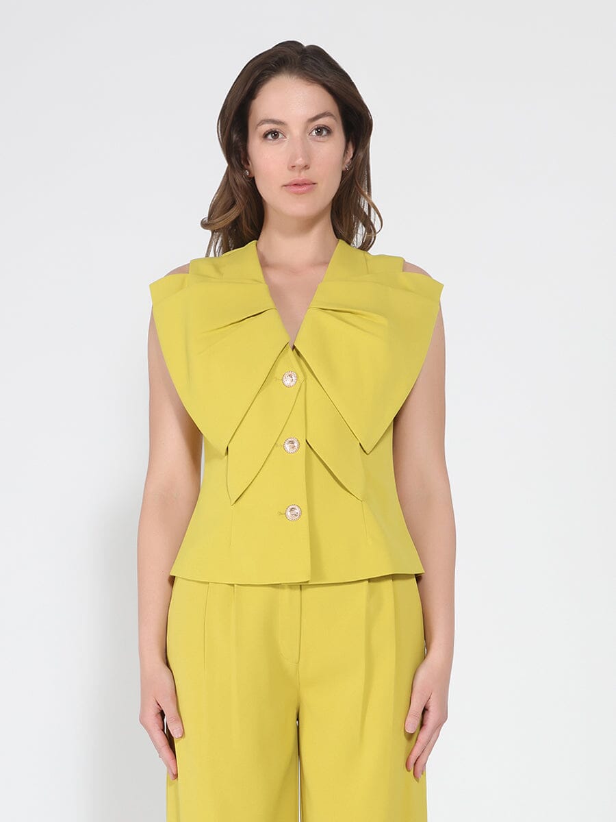 Ruffle Front Button Down Sleeveless Jacket