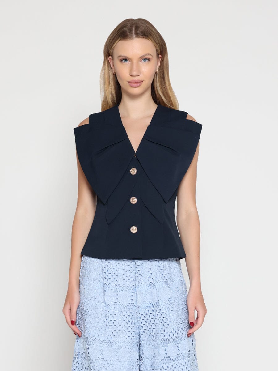 Ruffle Front Button Down Sleeveless Jacket