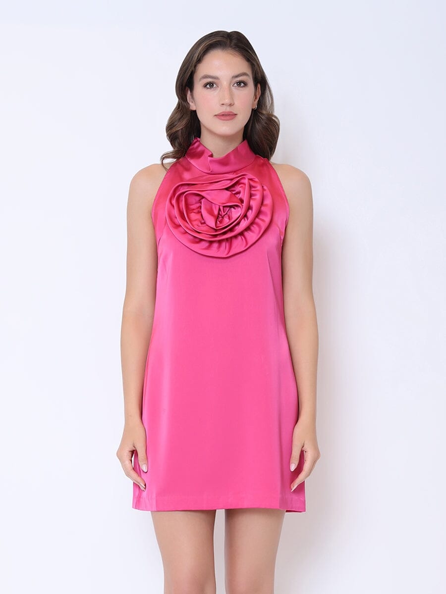 Gracia Fashion Women's Satin Flower Applique Halter Mini Dress