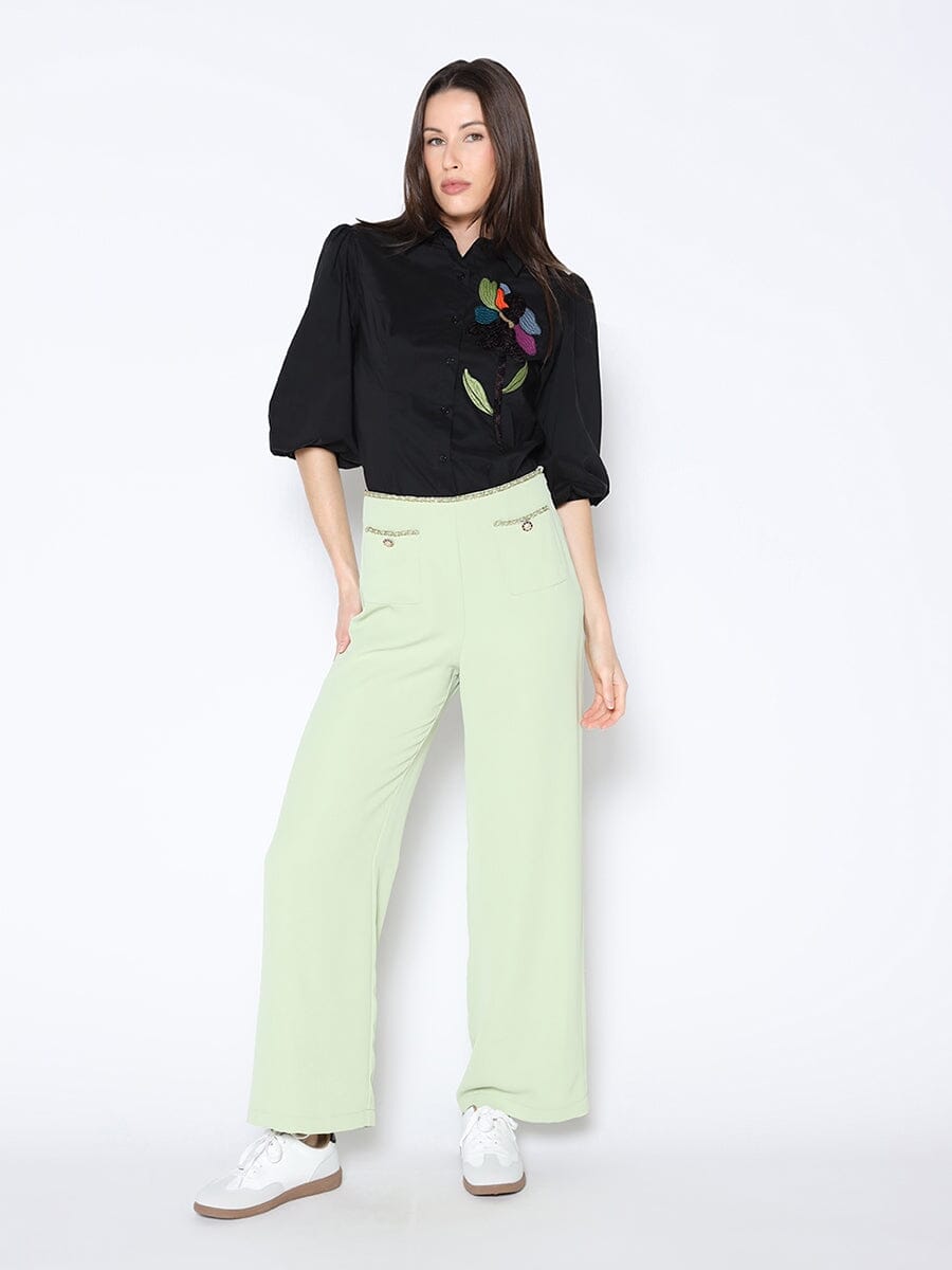 Gracia Fashion Women's Sequin Embroidery Flower Detail Puff Sleeve Shirt