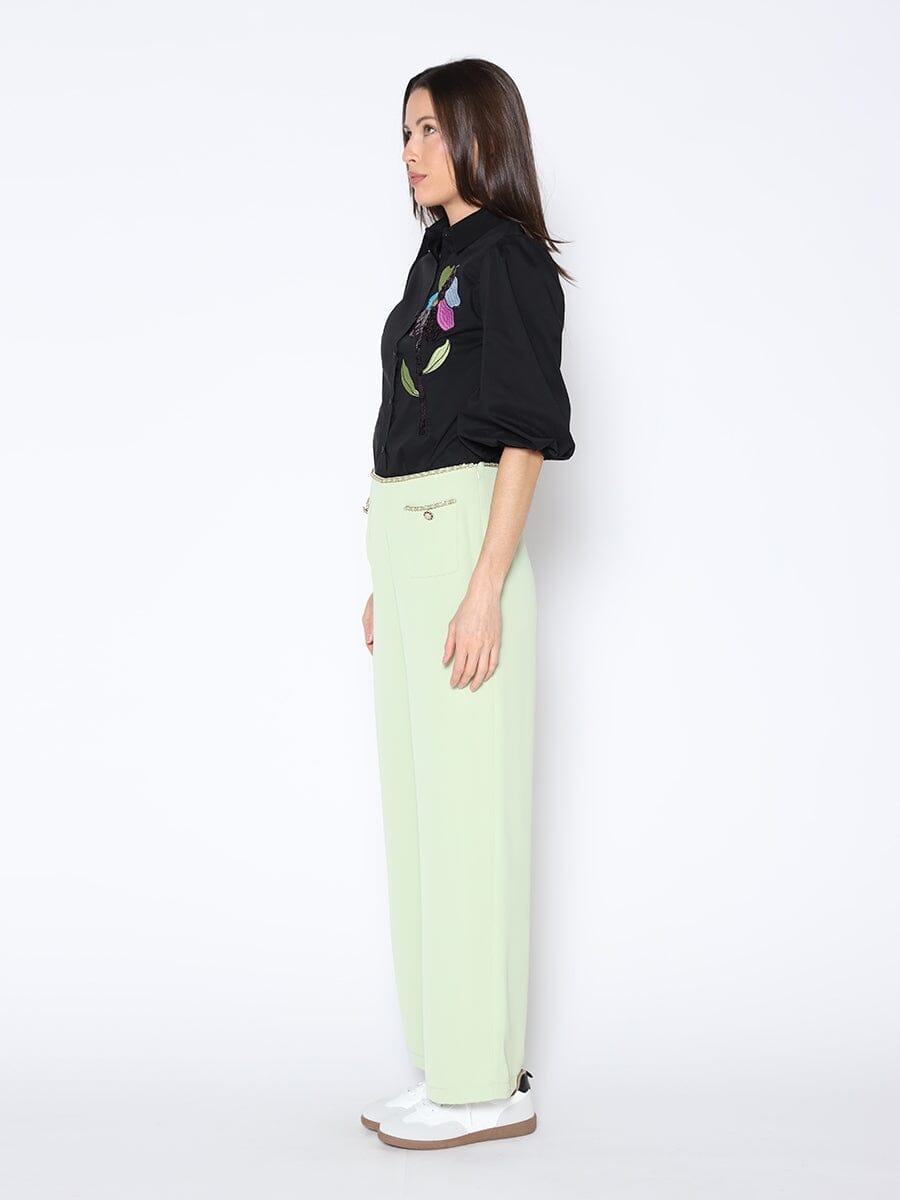 Gracia Fashion Women's Sequin Embroidery Flower Detail Puff Sleeve Shirt