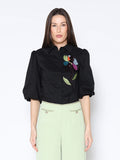 Gracia Fashion Women's Sequin Embroidery Flower Detail Puff Sleeve Shirt