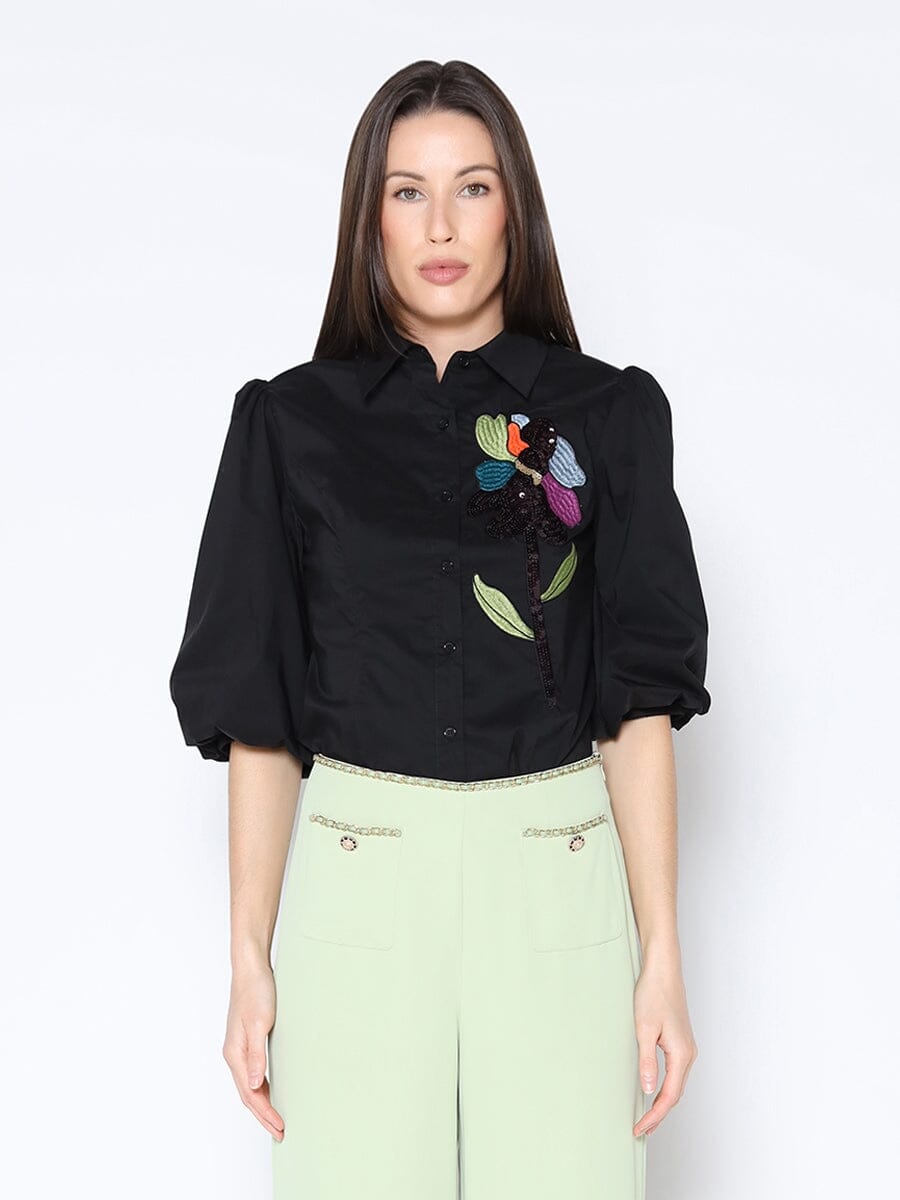 Gracia Fashion Women's Sequin Embroidery Flower Detail Puff Sleeve Shirt