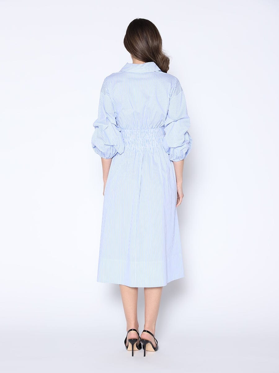 Shirred Waist Puff Sleeve Stripe Cotton Dress