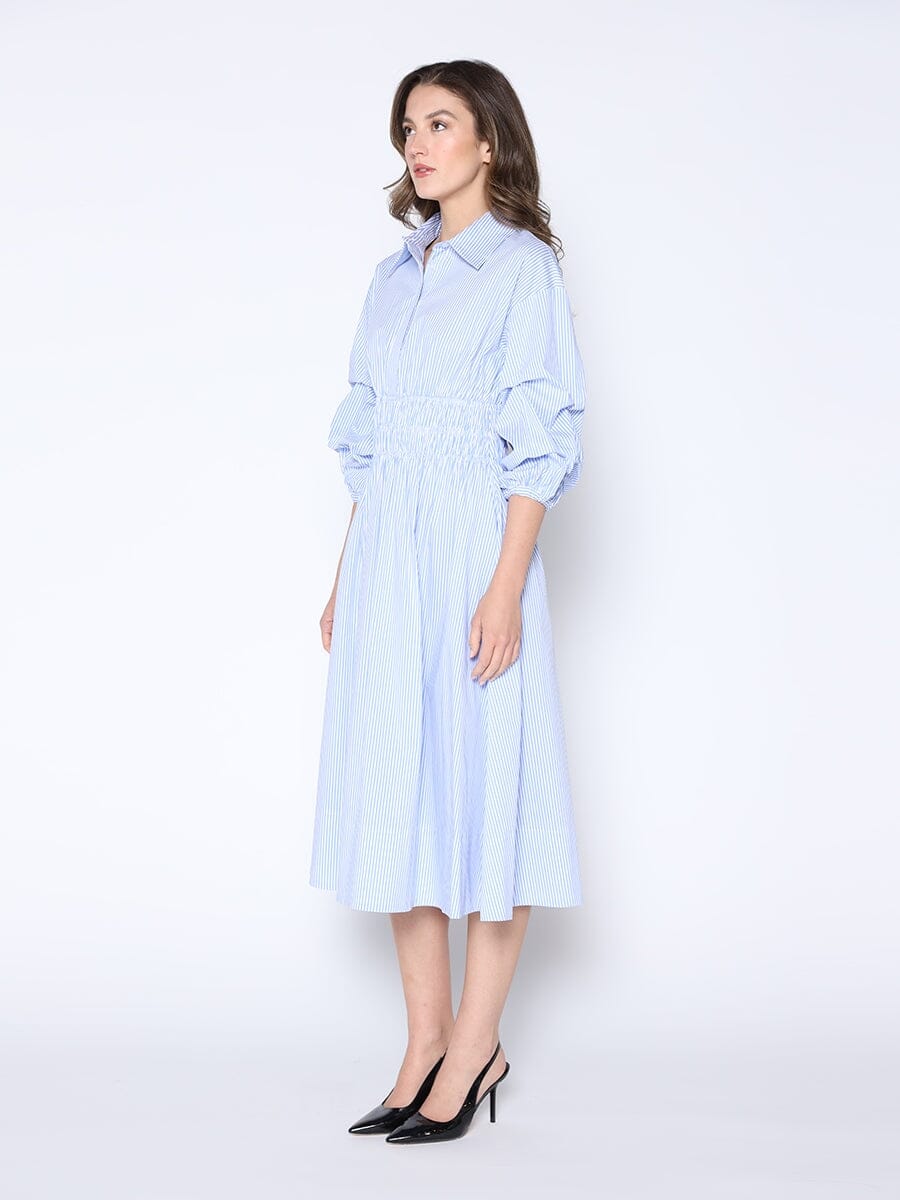 Gracia Fashion Women's Shirred Waist Puff Sleeve Stripe Cotton Dress