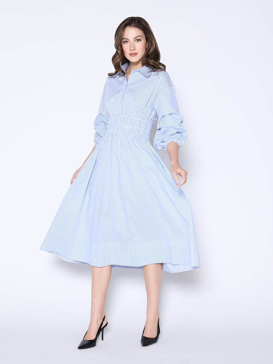 Shirred Waist Puff Sleeve Stripe Cotton Dress