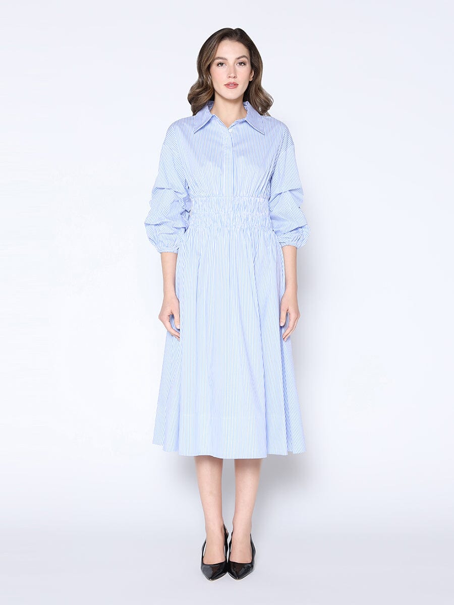 Shirred Waist Puff Sleeve Stripe Cotton Dress