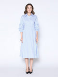 Shirred Waist Puff Sleeve Stripe Cotton Dress