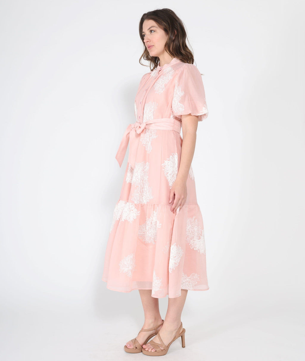 Short Puff Sleeve Embroidery Detail Dress