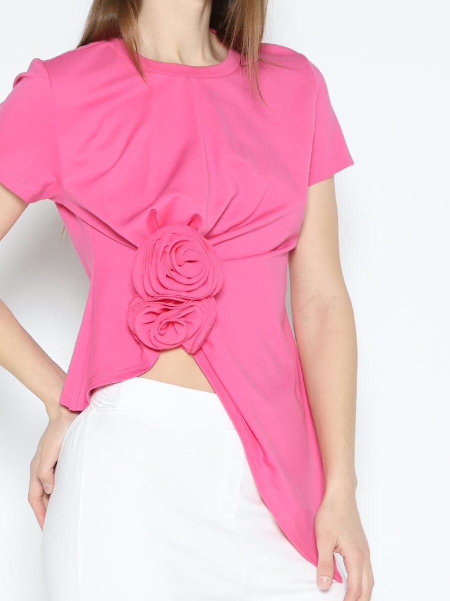 Gracia Fashion Women's Sleeveless Flower Applique Sharp Asymmetrical Top