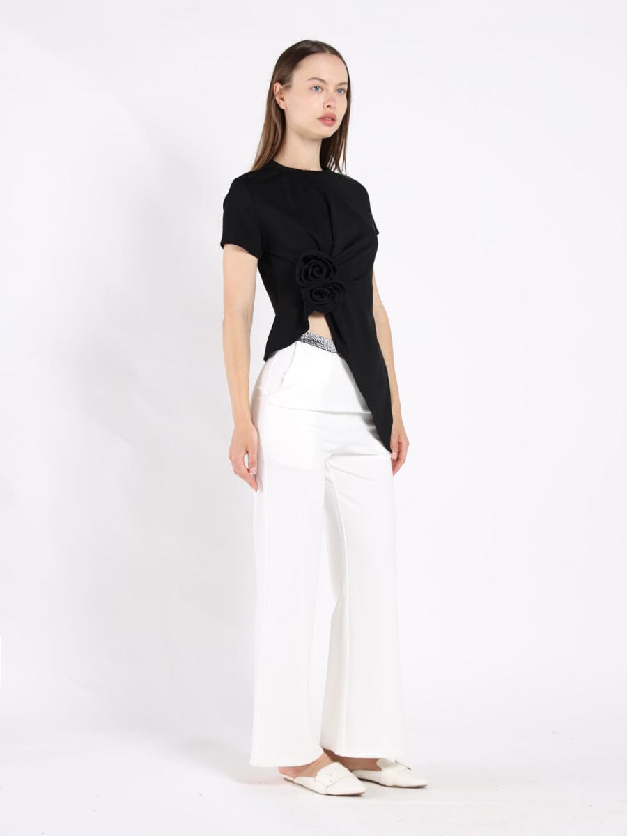 Gracia Fashion Women's Sleeveless Flower Applique Sharp Asymmetrical Top
