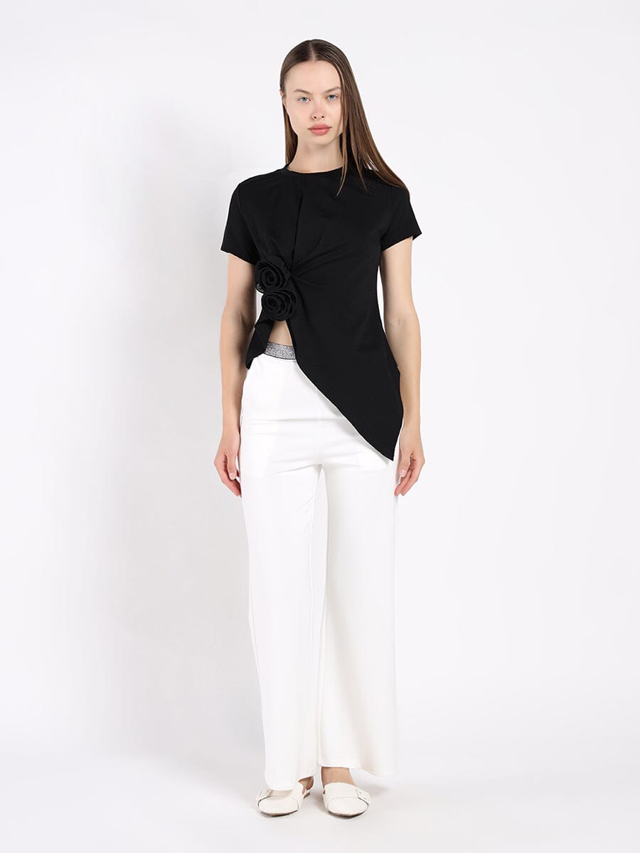 Gracia Fashion Women's Sleeveless Flower Applique Sharp Asymmetrical Top