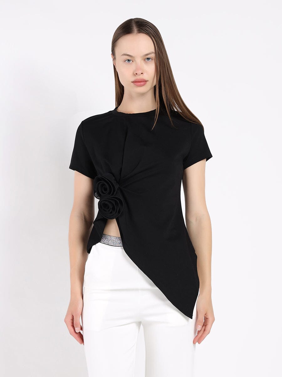 Gracia Fashion Women's Sleeveless Flower Applique Sharp Asymmetrical Top