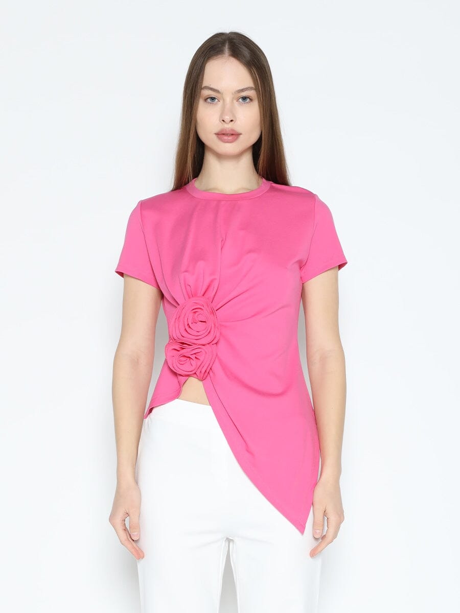 Gracia Fashion Women's Sleeveless Flower Applique Sharp Asymmetrical Top